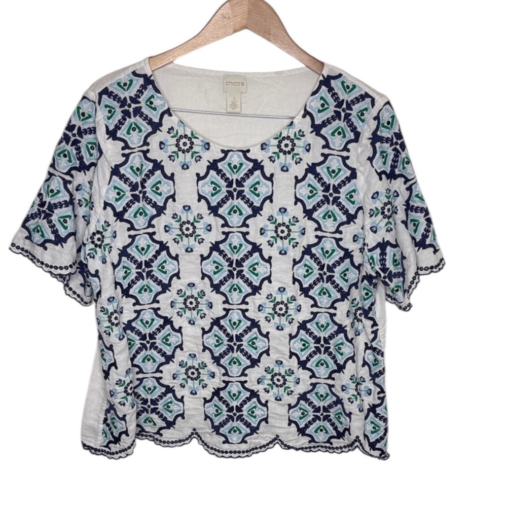 Chico's Blue Green Eyelet Embroidered Linen Short Sleeve Blouse Women Size 3/XL